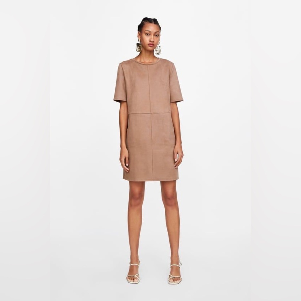 NWT Zara Fall Faux Suede Dress Beige/Nude/Sand Pockets Small
